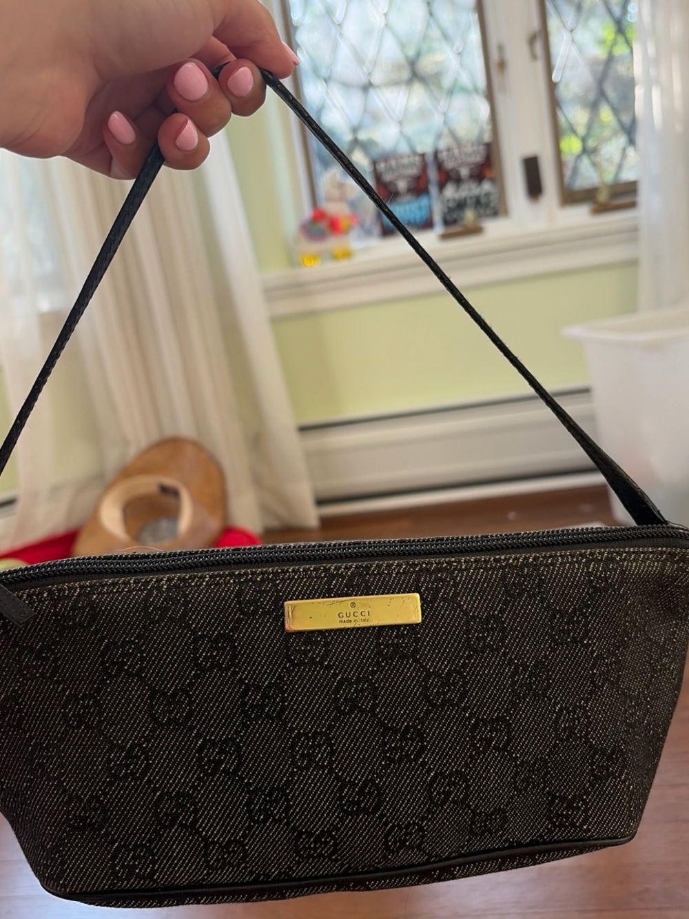 Gucci Black Monogram Shoulder Bag with Gold Plaque